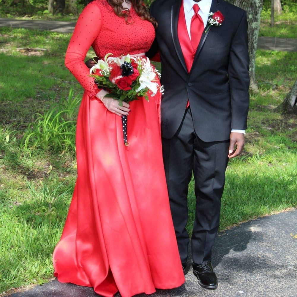 Two Piece, Red, Long Sleeve Prom Dress